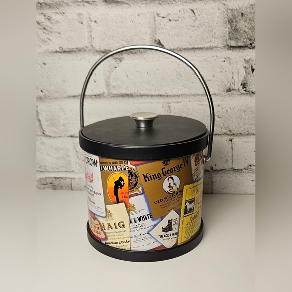 Vintage Whisky Label Ice Bucket w/ Tongs | Retro Barware Bar Cart Decor - Picture 3 of 12